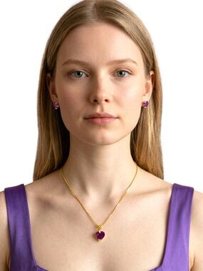 10kt Gold Amethyst Heart Pendant Necklace and Stud Earrings Set With Appraisal